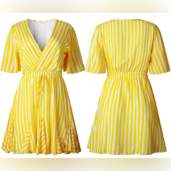 MINI DRESS: Yellow & White V Neck Striped Mini Dress w/Wrap & Ruffle Hem, NWOT - Picture 4 of 16